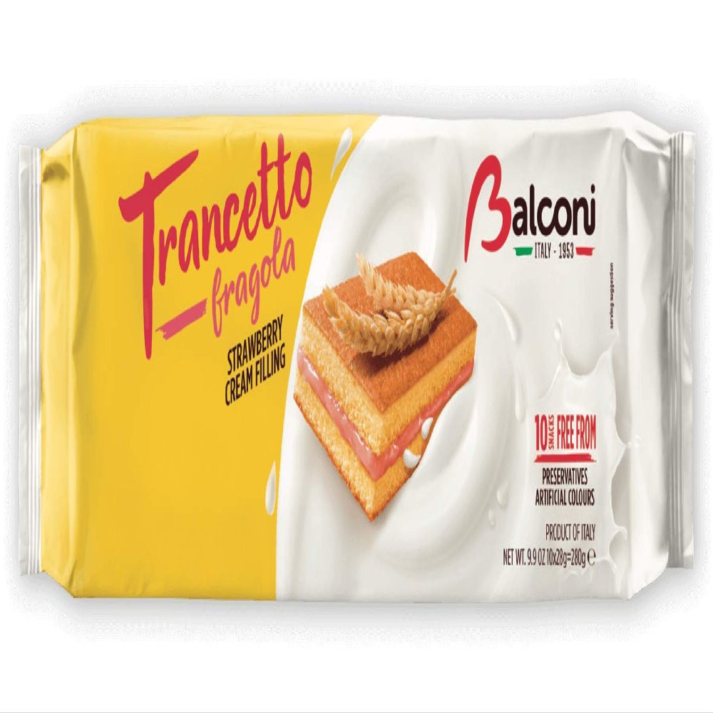 Balconi Trancetto Cake - Premium Quality Italian Sponge Cakes (Free from preservatives) | 280g each with 10 snacks inside | (5 Packets, Strawberry cream filling)