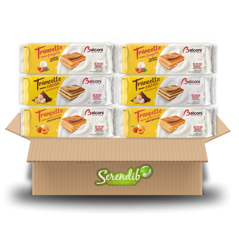 Balconi Trancetto Cake Assortment Pack - Premium Quality Italian Sponge Cakes | 280g each with 10 snacks inside | Strawberry, Cocoa & Apricot flavours | (2 Packets Each - Total 6 Pack)