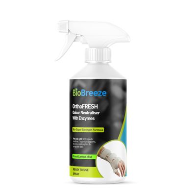 BioBreeze OrthoFresh Odour Neutraliser & Deodoriser Spray for Orthopedic Supports, Braces, Casts, Splints, and Amputee Aids - Sweat Freshener with Bio-Enzymes, Lemon & Linnen Fresh Kick Scent, 500ml
