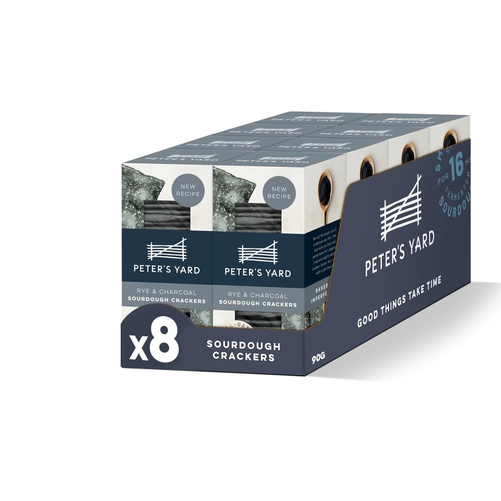 Peter's Yard Sourdough Crackers, Rye & Charcoal, Great with Chutney and Cheese, High Fibre, Natural Ingredients, Low Sugar 90g x 8