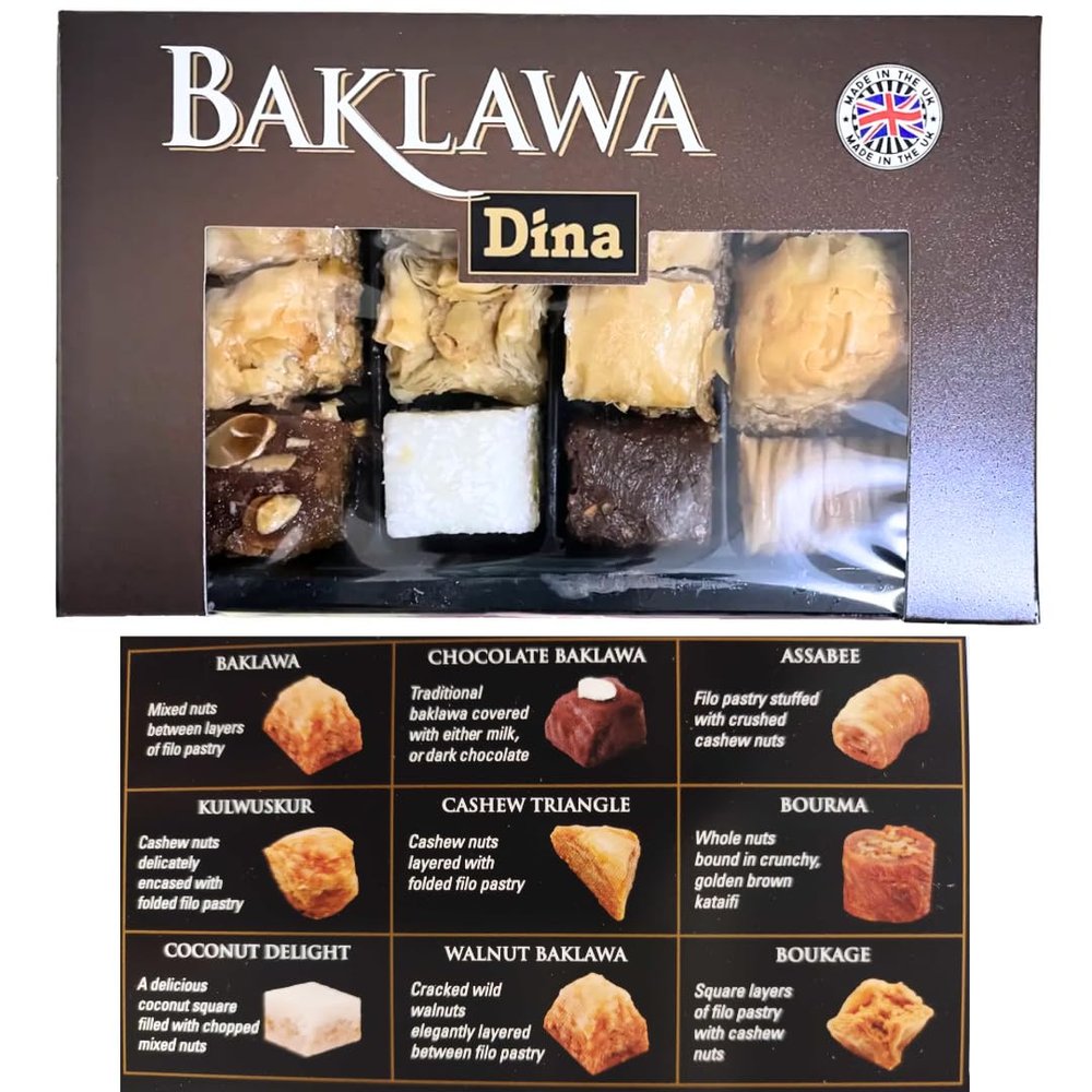 Baklava Pastries Sweets Tray - Dina Baklawa Chocolate Hazelnut Almond Macadamia Coconut Pistachio Cashew Filo Box (200g, 12 pieces)