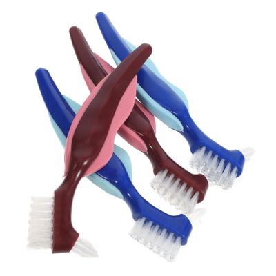 FRCOLOR 4pcs Denture Brushes Double Sided Denture Cleaning Brush Travel Size Portable Toothbrush for Seniors Red and Blue