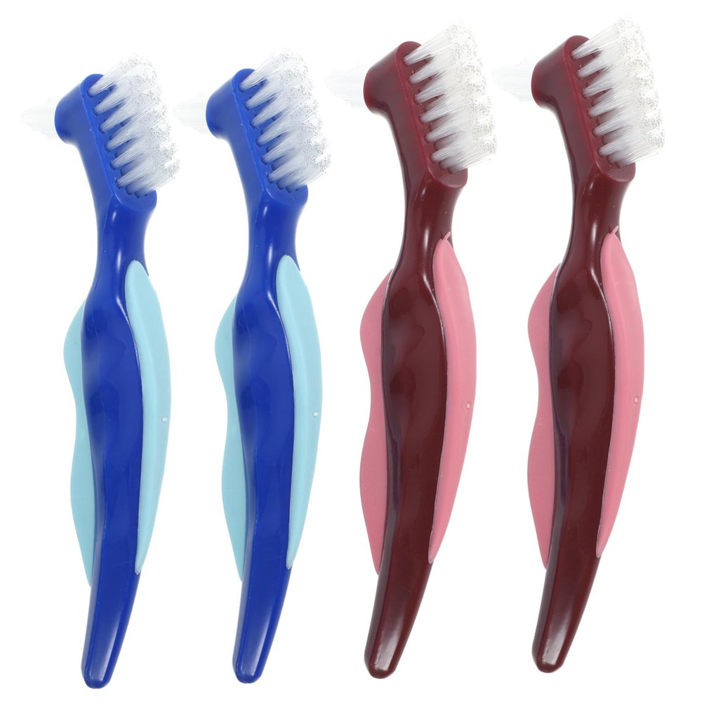 Anneome Denture Cleaning Brush Set 4pcs Double-Sided Small Toothbrushes for Denture Care and Travel Portable Oral Hygiene Brushes for Seniors, Red and Blue