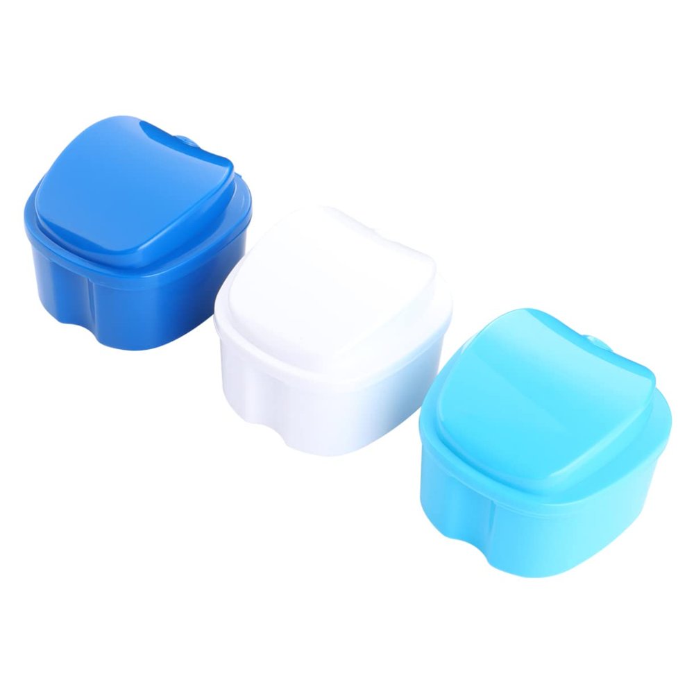 Anneome 3pcs Plastic Denture Bath with Rinsing Basket Portable Denture Case for Clean Storage and Fake Teeth Blue False Teeth Box with Clip for Travel and Home Use