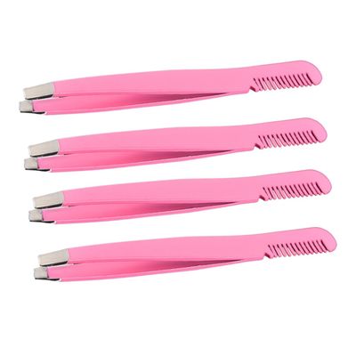 Healeved 4pcs Diagonal Eyebrow Clamps Stainless Steel Makeup Tweezers Eyebrow Brush Comb and Eyelash Application
