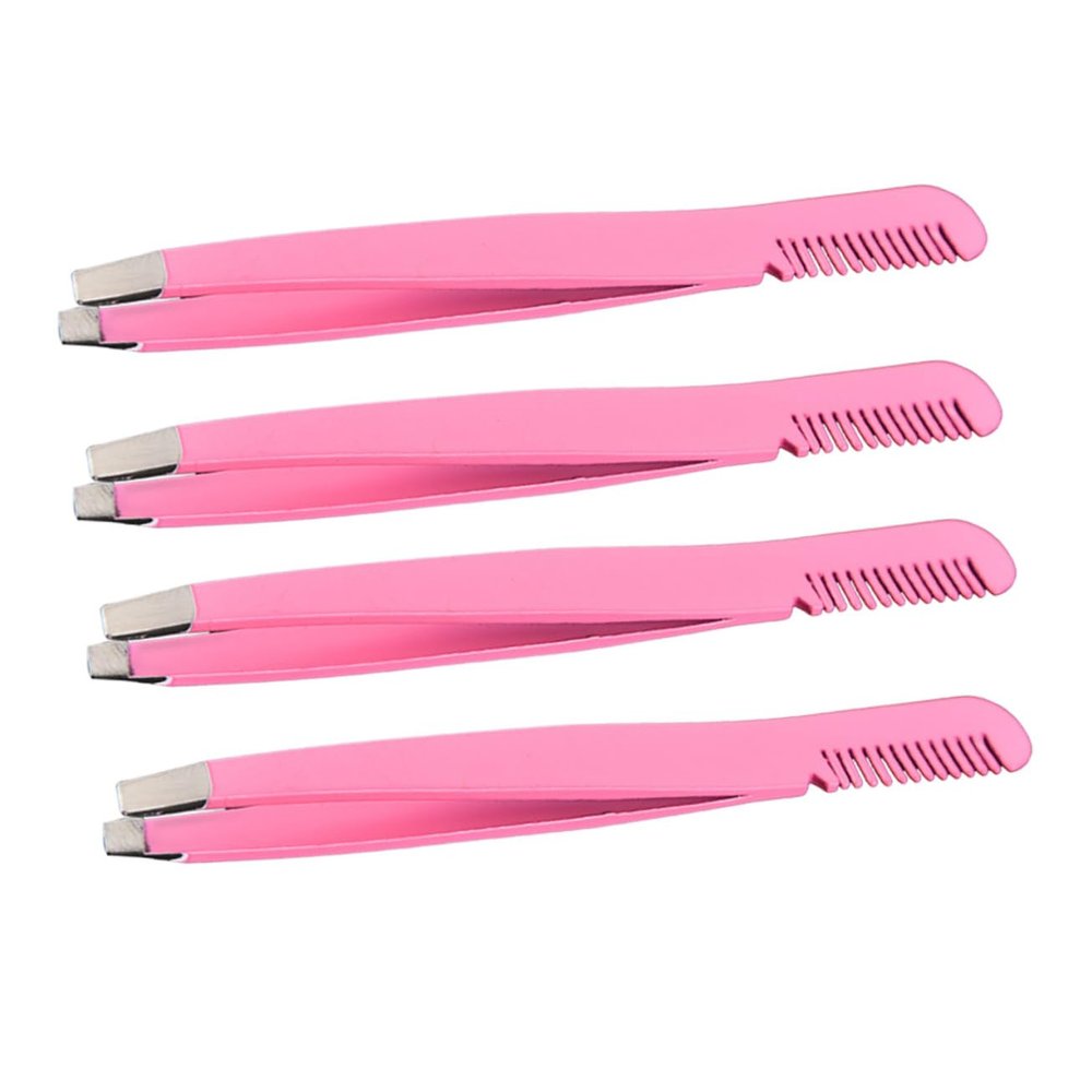 Healeved 4pcs Diagonal Eyebrow Clamps Stainless Steel Makeup Tweezers Eyebrow Brush Comb and Eyelash Application
