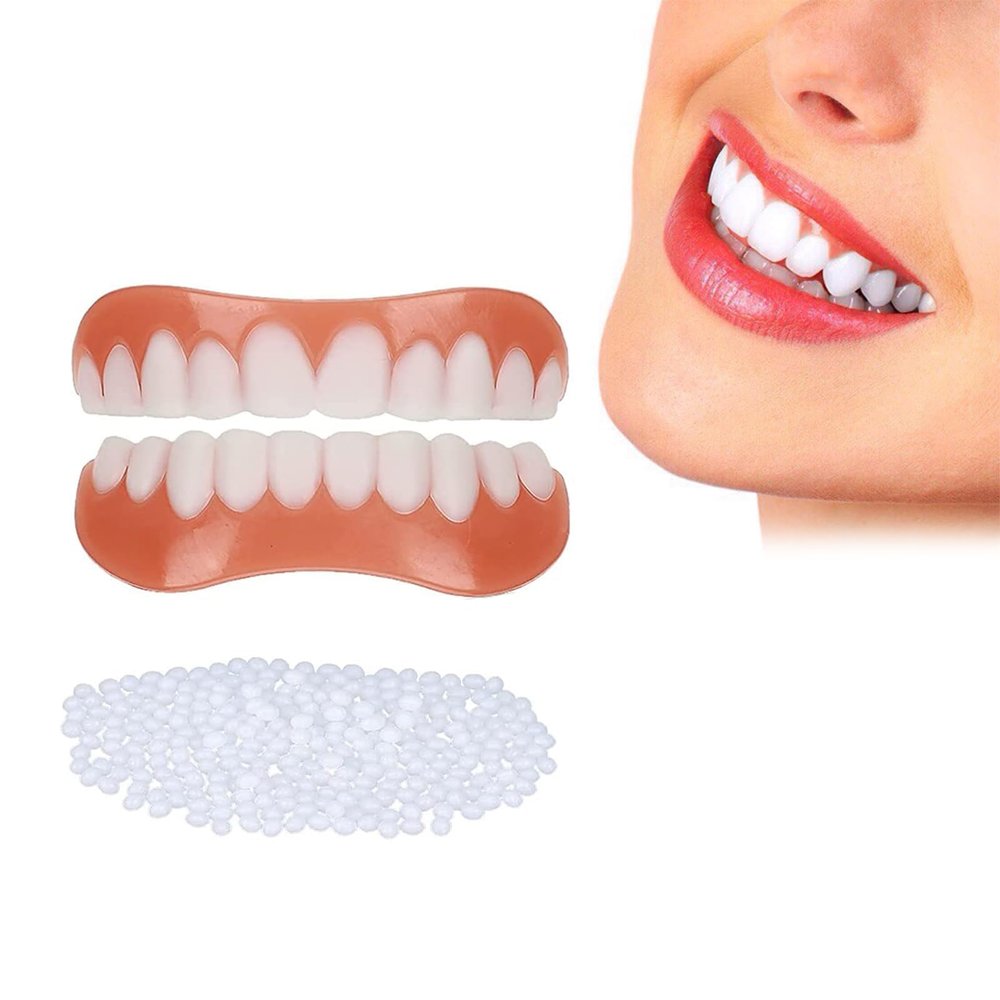 Care Spring Cosmetic Teeth Veneers 2 Pairs Clip in Veneers Teeth Top And Bottom, Silicone Dentures for Perfect Smile, False Teeth Set Temporary Dentures Covers Bad Teeth for Man & Women
