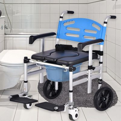 Naturalpowev 3-in-1 Bedside Commode Shower Wheelchair, Commode chair for Toilet with Padded Seat and Arms, Detachable Bucket, Height Adjustable & Flip-up Footrest