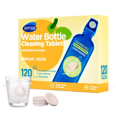 APPTRIN Water Bottle Cleaning Tablets, Bottle Clean Tablet Pack of 120, Cleansing Tablets for All Plastics and Glass Drinking Containers,Individually Packed,Orange