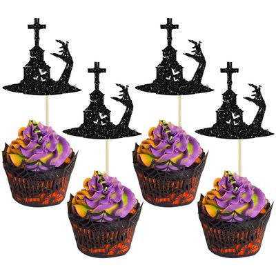 Gyufise 24Pcs Halloween Cupcake Toppers Black Glitter Zombie Hand Spider Cupcake Picks for Halloween Horror Movie Bloody Theme Birthday Party Cake Decorations Supplies