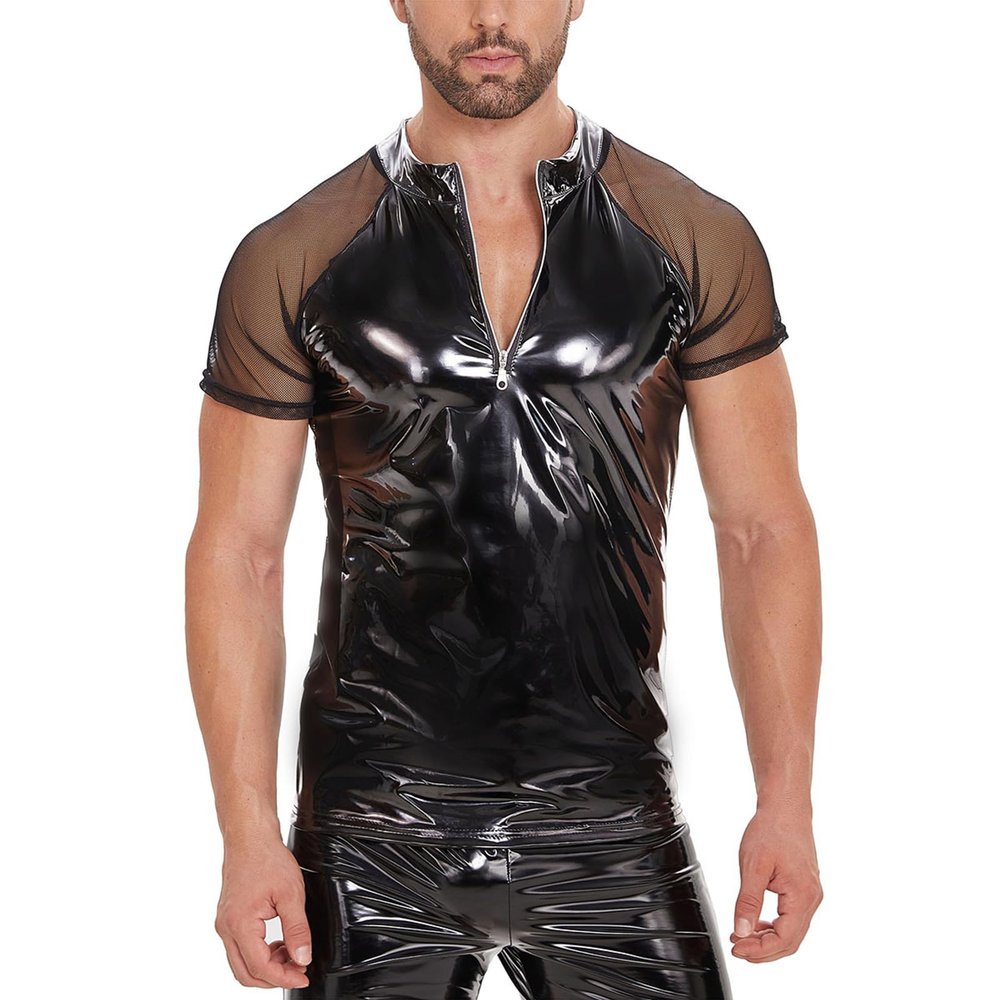 SDGHH-8MMDM Men Sexy Leather T-Shirt Plus Size Glossy PVC Leather Transparent Mesh Shiny Latex Short Sleeve Coat for Male,Black,5XL