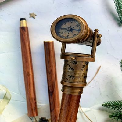 FreshCart Basics Antique Brass Telescope Walking Stick, Dolland London 1920 Foldable Walking Stick, Custom Engraved Stick with Working Compass