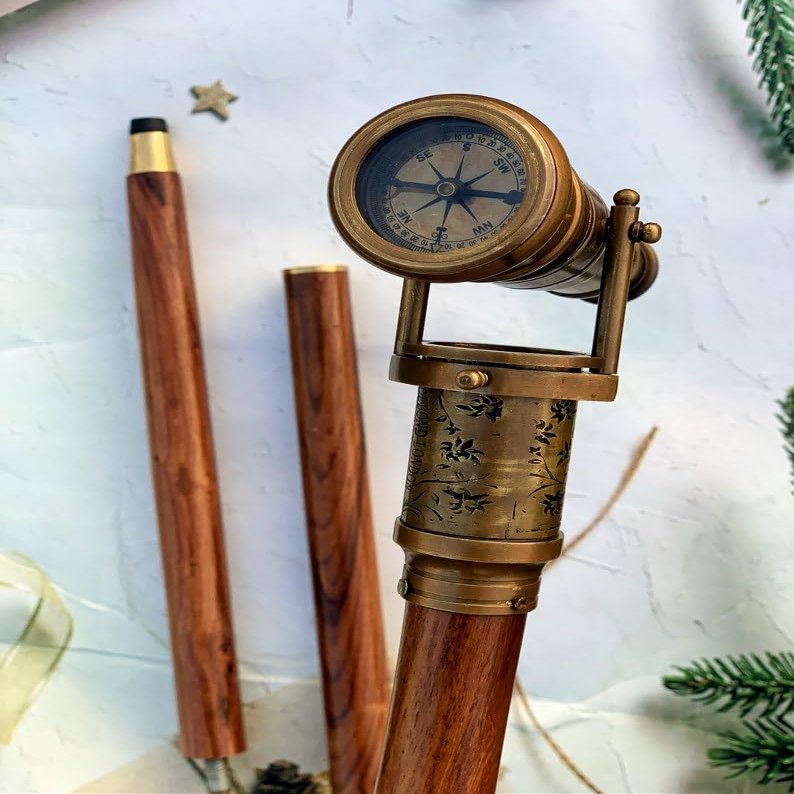 FreshCart Basics Antique Brass Telescope Walking Stick, Dolland London 1920 Foldable Walking Stick, Custom Engraved Stick with Working Compass
