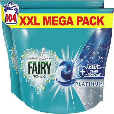 Fairy Non Bio Platinum PODS Washing Liquid Capsules, 104 Washes (52x2), With Extra Stain Removal