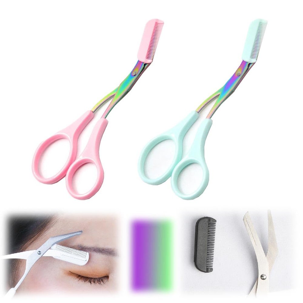 2 Pcs Eyebrow Trimmer Scissor with Comb,Stainless Steel Eyebrow Scissors,Eyebrow Shaping Cut Comb Scissors,Portable Non Slip Professional Eyebrow Trimmer for Women,Makeup Grooming Tool (P+B)