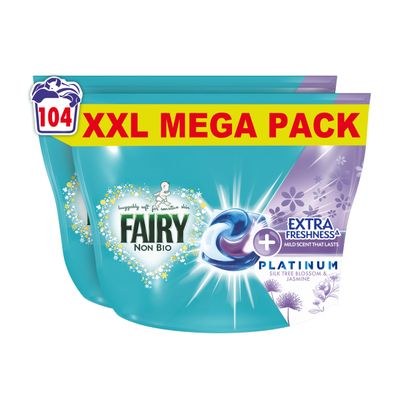 Fairy Non Bio Platinum PODS Washing Liquid Capsules, 104 Washes (52x2), Silk Tree Blossom & Jasmine, With Extra Freshness For Sensitive Skin