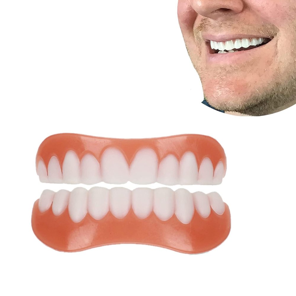 Cosmetic Veneers 2 Pairs False Teeth Veneers Top and Bottom Set, Silicone Dentures for Teeth Whitening, Temporary Teeth Straightening Kit for Man & Woman Confident Smile in Minutes