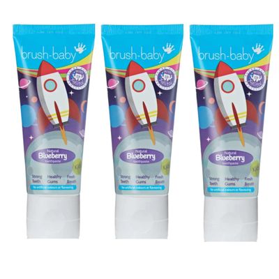Brush-Baby - Natural Blueberry Kids Toothpaste 150ml (3 x 50ml Tubes) - for Ages 3+ - with Xylitol & Fluoride - Strong Teeth, Healthy Gums & Fresh Breath - Gentle Vegan Formula, Safe if Swallowed