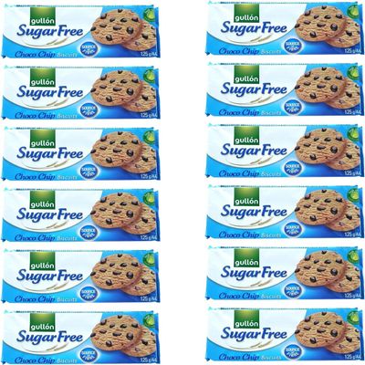 Gullon Sugar Free Chocolate chip biscuits cookies 125g, Sugar free snack is great choice for diabetics Gift for family and friends (125g (Pack of 12))