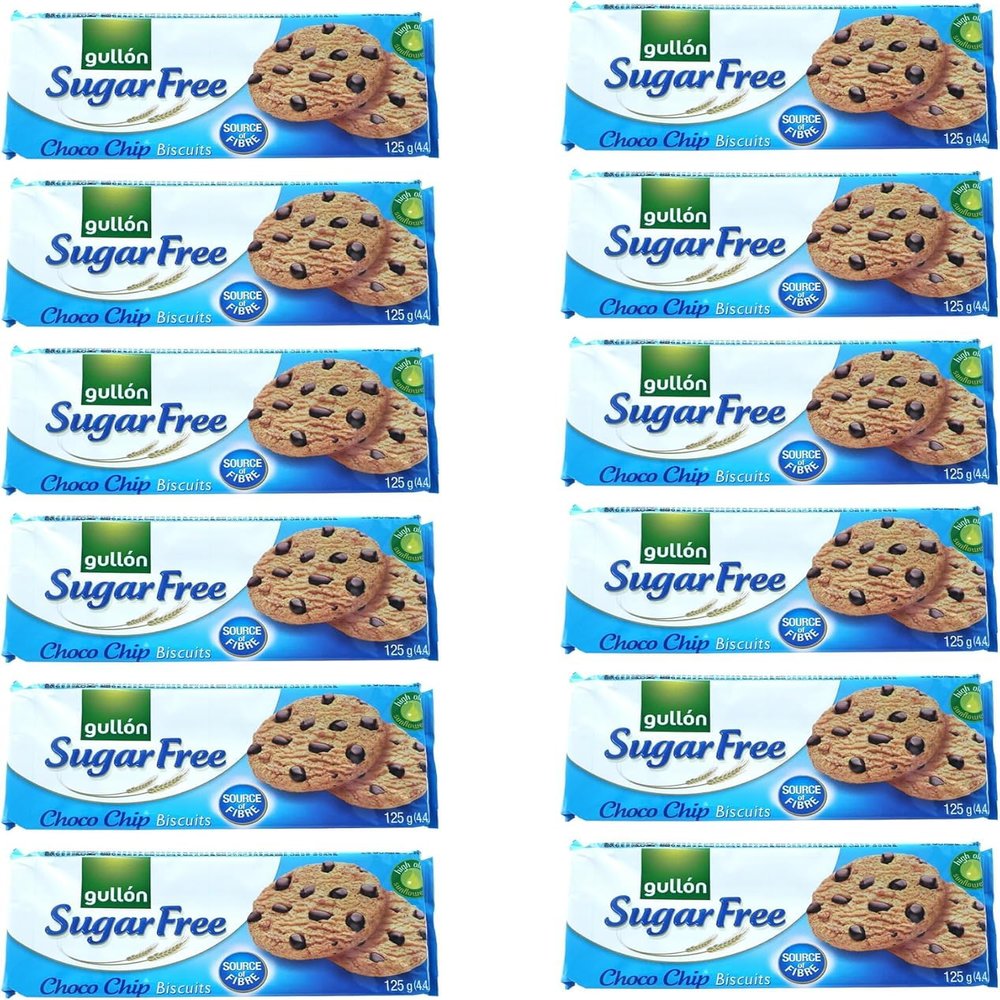 Gullon Sugar Free Chocolate chip biscuits cookies 125g, Sugar free snack is great choice for diabetics Gift for family and friends (125g (Pack of 24))
