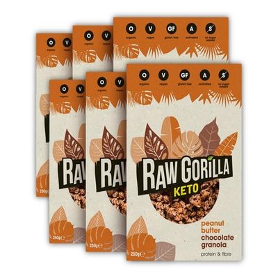 Raw Gorilla Keto Peanut Butter Chocolate Granola 6 Pack of 250g | Low Sugar, Vegan, No Added Sugar, Low Carb 4g Net Carbs, Plant Based Breakfast Cereal with Activated Nuts, Grain & Gluten Free