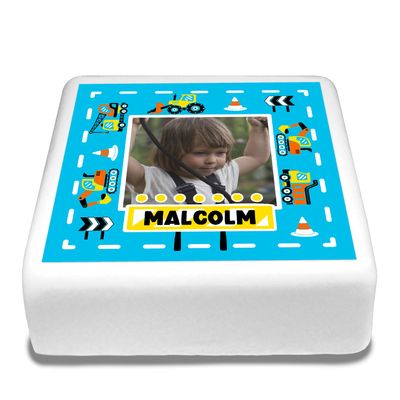 Cakeshop Square Personalised Edible Cake Topper Construction Site Vehicle Theme | Custom Image & Text | For Birthdays & Celebrations | Multiple Shapes & Sizes | Icing & Wafer Paper Options