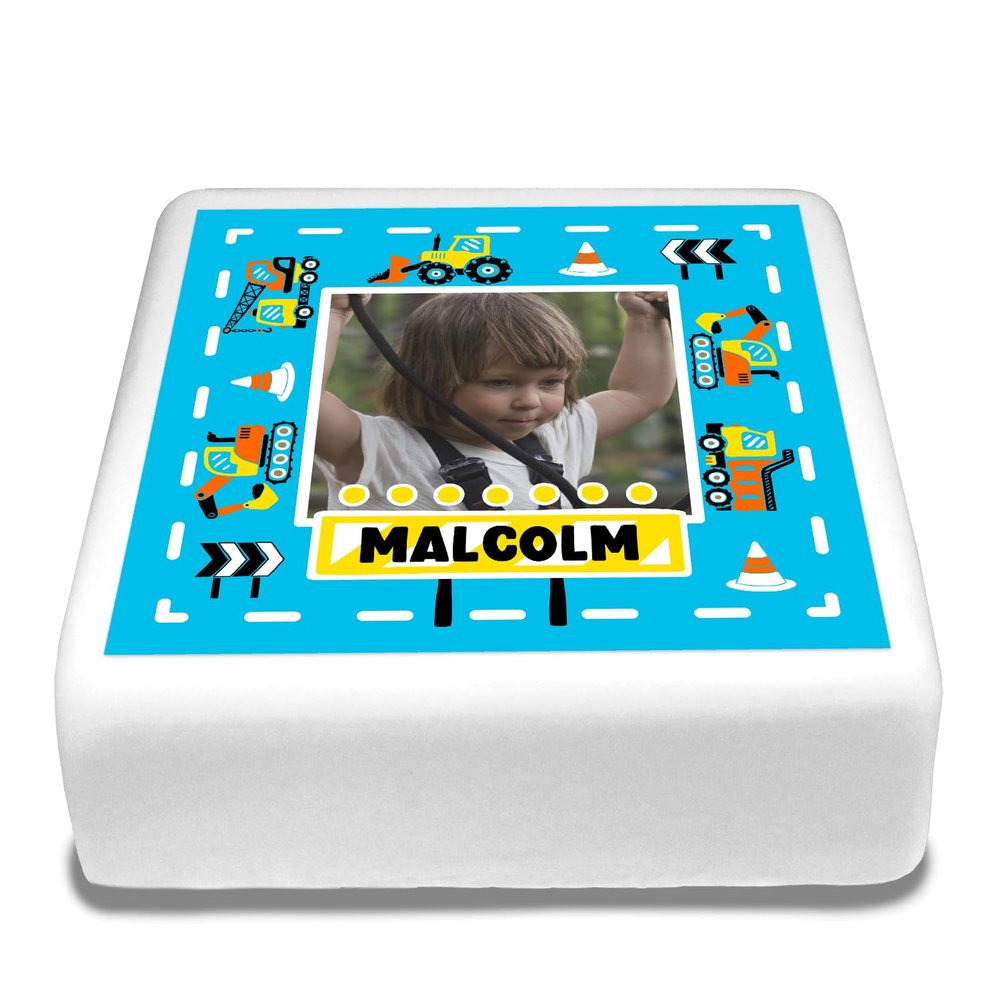 Cakeshop Square Personalised Edible Cake Topper Construction Site Vehicle Theme | Custom Image & Text | For Birthdays & Celebrations | Multiple Shapes & Sizes | Icing & Wafer Paper Options
