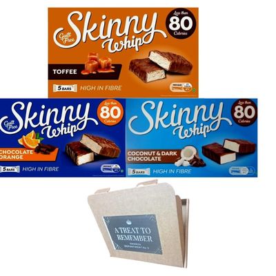 Skinny Whip Multipack with Chocolate Orange Bars 5x 20g, Coconut & Dark Chocolate Bars 5x 20g and Toffee Chocolate Bars 5x 20g