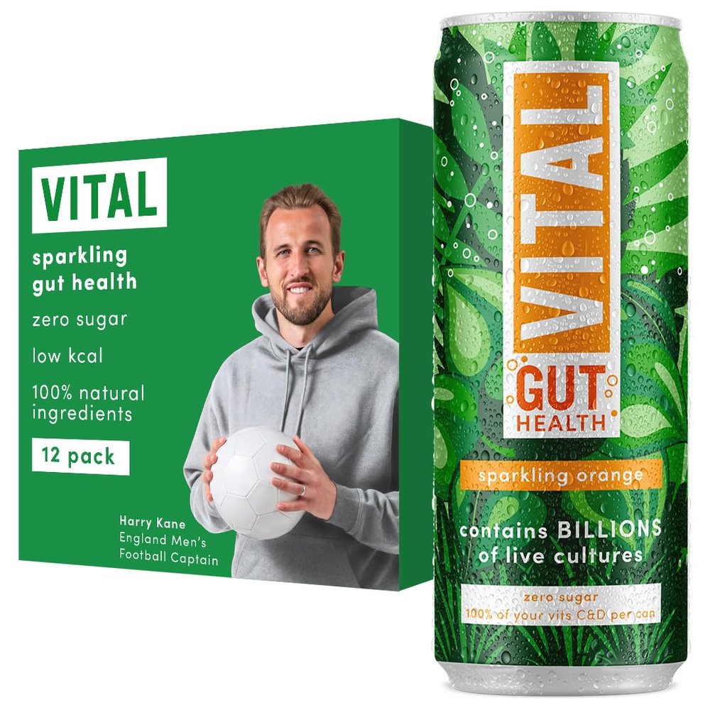 VITAL Gut Health Drink, Contains Billions of Live Cultures, Contains 100% of Vitamins C and D, Sugar Free, Zero Calories, Orange Flavoured Sparkling Water, Contains 12 x 330ml cans