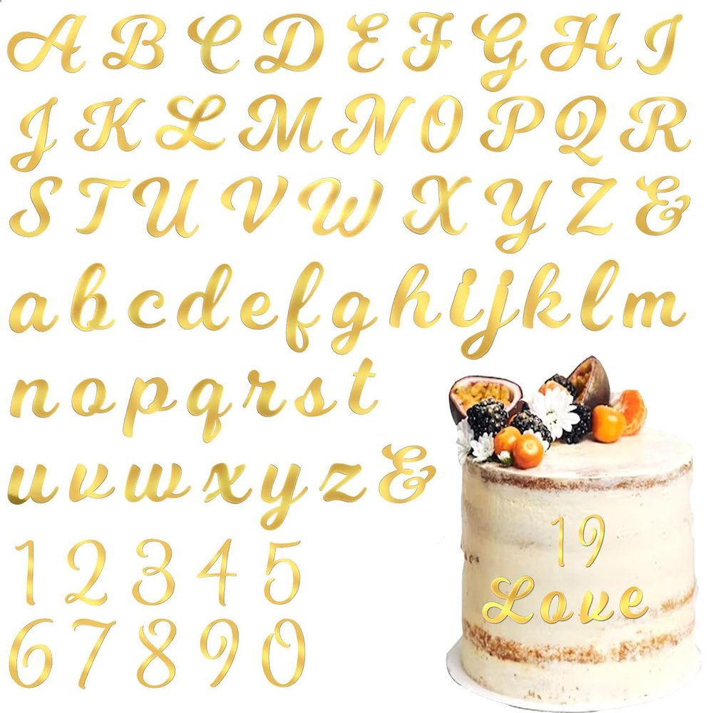114 Pcs Acrylic Cake Alphabet Numbers Topper, Mirror Number 0-9 and Alphabet A-Z/a-z Personalized Cake Picks Decor Anniversary Wedding Baby Shower Party Supplies(Gold)
