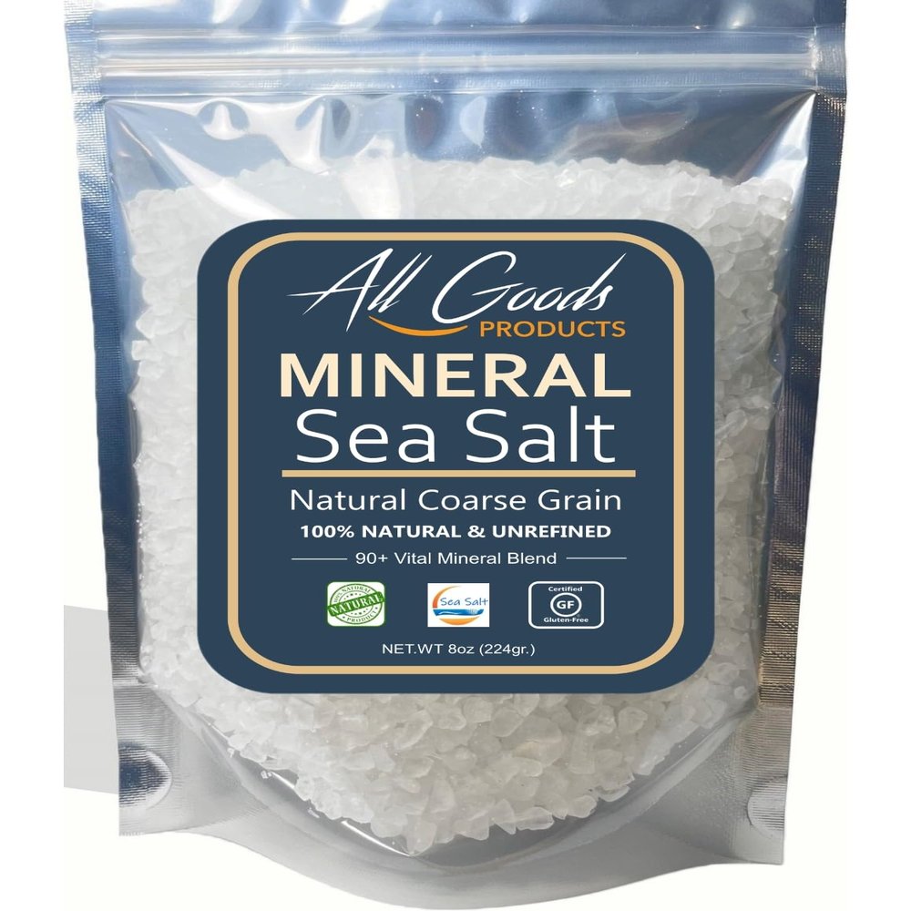 All Goods Products Mineral Coarse Grain Sea Salt, 8 oz Natural Salt from Mexico, Unrefined, Hand-Harvested, Loaded With 72+ Essential Minerals, Kosher, 30% Low Sodium.