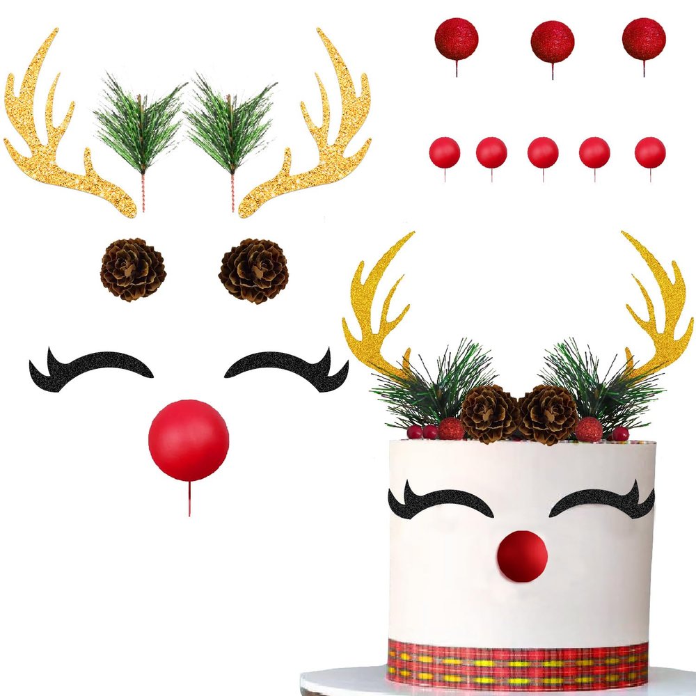 15PCS Christmas Cake Topper Reindeer Ears Eyelashes Antler Cake Decorations Set for Christmas Reindeer Themed Party
