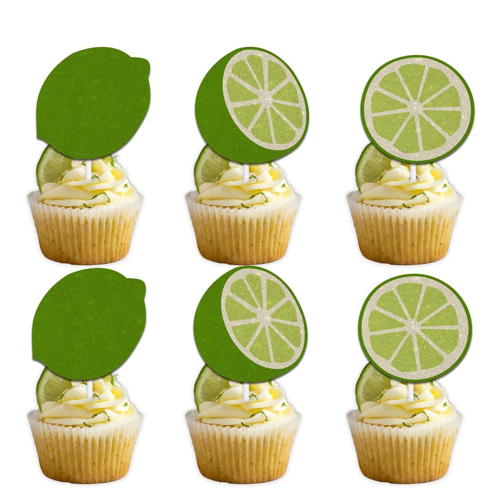 18pcs Green Glitter Lemon Dessert Cupcake Topper Pick for Summer Fruit Lemonade Theme Decor Supplies Baby Shower Men Women Boys Girls Happy Birthday Party Decorations