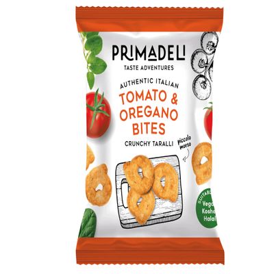 Primadeli - Crunchy Taralli - Tomato& Oregano Bites - Vegan - 25g x 8 bags (25g (Pack of 8), Tomato & Oregano Bites)