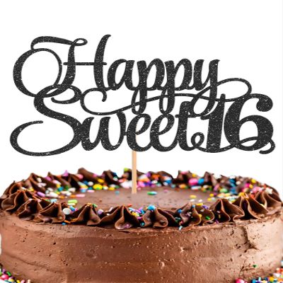 Happy Sweet 16 Cake Topper - Glitter Black 16th Birthday Cake Decorations, Sixteen Year Old Cake Smash Decor, Happy Sweet 16 Sign Cake Top Photo Booth Props (Black)