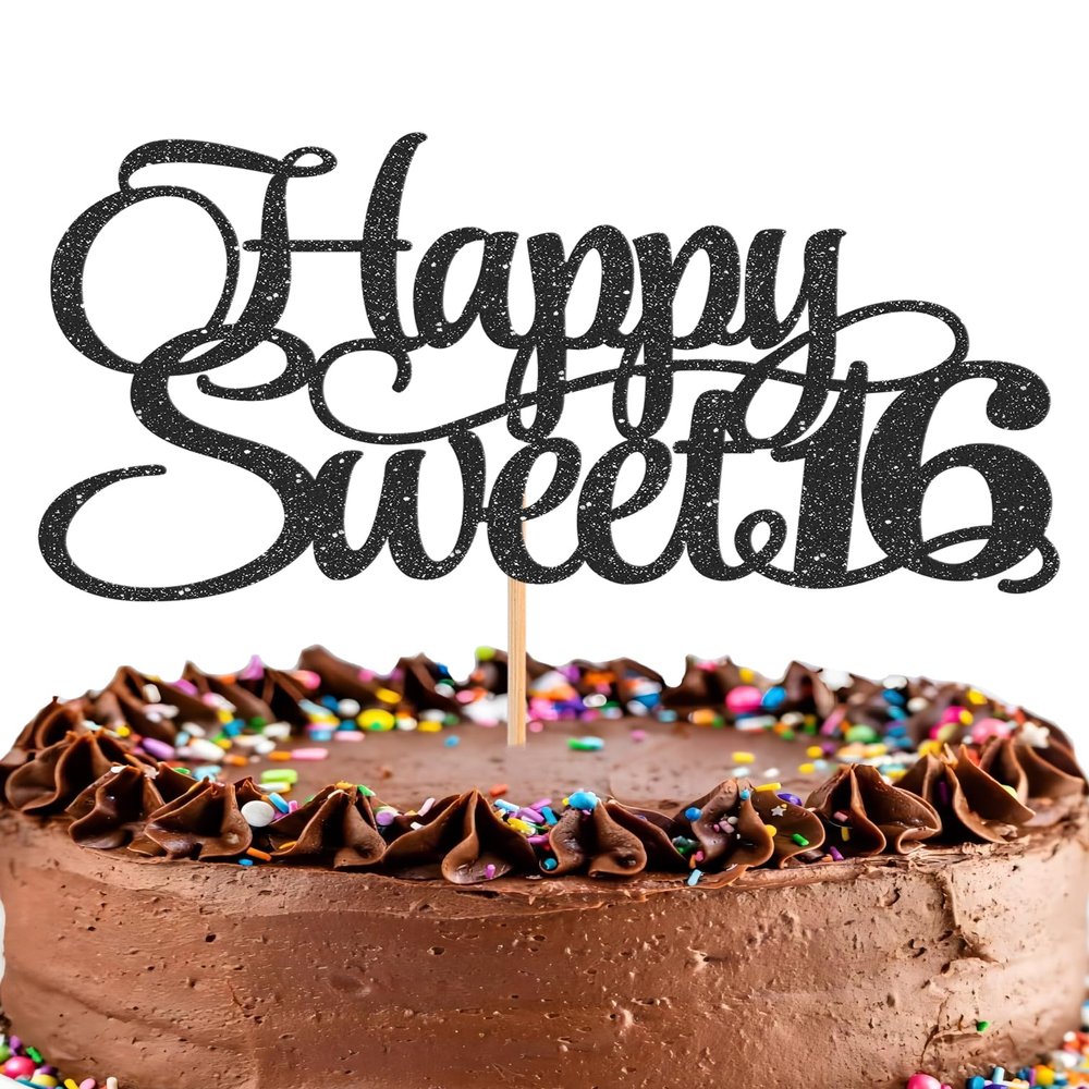 Happy Sweet 16 Cake Topper - Glitter Black 16th Birthday Cake Decorations, Sixteen Year Old Cake Smash Decor, Happy Sweet 16 Sign Cake Top Photo Booth Props (Black)