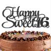 Happy Sweet 16 Cake Topper - Glitter Black 16th Birthday Cake Decorations, Sixteen Year Old Cake Smash Decor, Happy Sweet 16 Sign Cake Top Photo Booth Props (Black) view 1