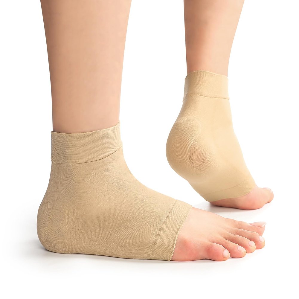 Achilles Tendonitis Support Heel Protector - Compression Padded Sleeve Socks - Promifun Ankle Brace Foot Support for Haglunds Bump, Bursitis, Tendonitis & Tenderness - Beige* XL*1 Pairs