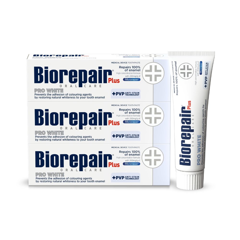 BIOREPAIR Plus Pro White - Whitening Toothpaste Adults & Kids, Repairs Enamel Surface & Pervents Stains, Flouride Free Toothpaste for Sensitive Teeth, Restores Natural Whiteness, 75mlx3, Made in Italy