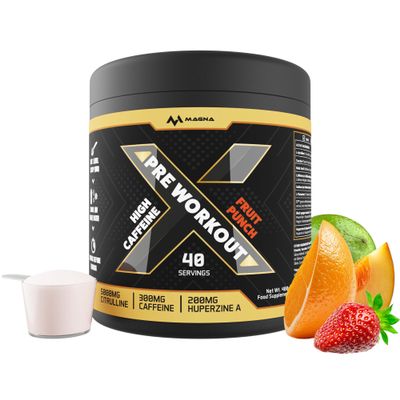 Magna X All-in-One Pre Workout Powder Drink with Caffeine & Citrulline | Fruit Punch Flavour | Makes 40 Drinks (400g)