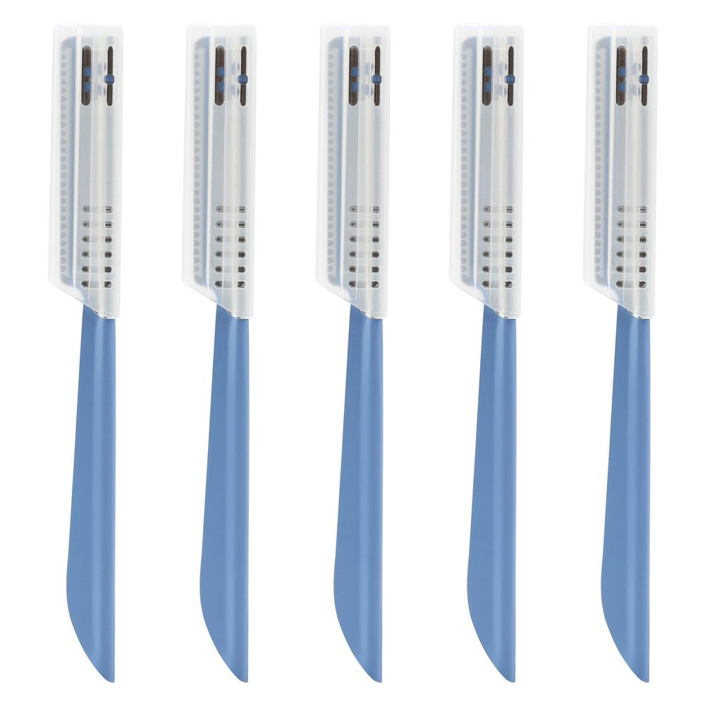 5 PCS Beard Mustache Straight Edge Razor, Mens Beards Edgers Trimmer Shaping Tool Blade Eyebrow Stainless Steel Shaper, Travel Replacement Facial Hair Remover Shavers for Women Men Grooming (Blue)