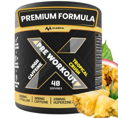 Premium, Complete High Caffeine Pre Workout Powder Drink with L-Citrulline & S7 | Tropical Crush Flavour | Makes 40 Drinks (400g) | Magna X
