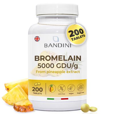Bandini Bromelain High Strength Draining 5000 GDU/g per Serving | 200 Gastro-Resistant Tablets | Digestive Enzyme | Pure Pineapple Extract for Inflammation, Swelling & Digestion | No Additives, Vegan