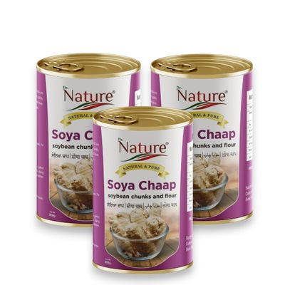 Dr.Nature Soya Chaap Soybean Chunks and Flour 850g Flavor Pack of 3 (850g Each) | Authentic Punjab Taste, Ready to Eat Canned Soya Chaap, Perfect for Indian Cuisine Cravings!