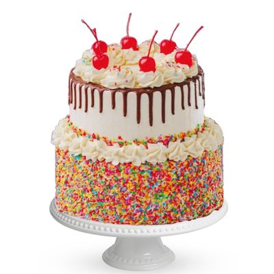 Patisserie Valerie Ice Cream Sundae Birthday Cake 8" 2 Tier  Fresh Cakes For Delivery - Chocolate Ganache Drip, Sprinkles & Cherry  Fresh Cream & Strawberry Compote Filling  Serves 20-24