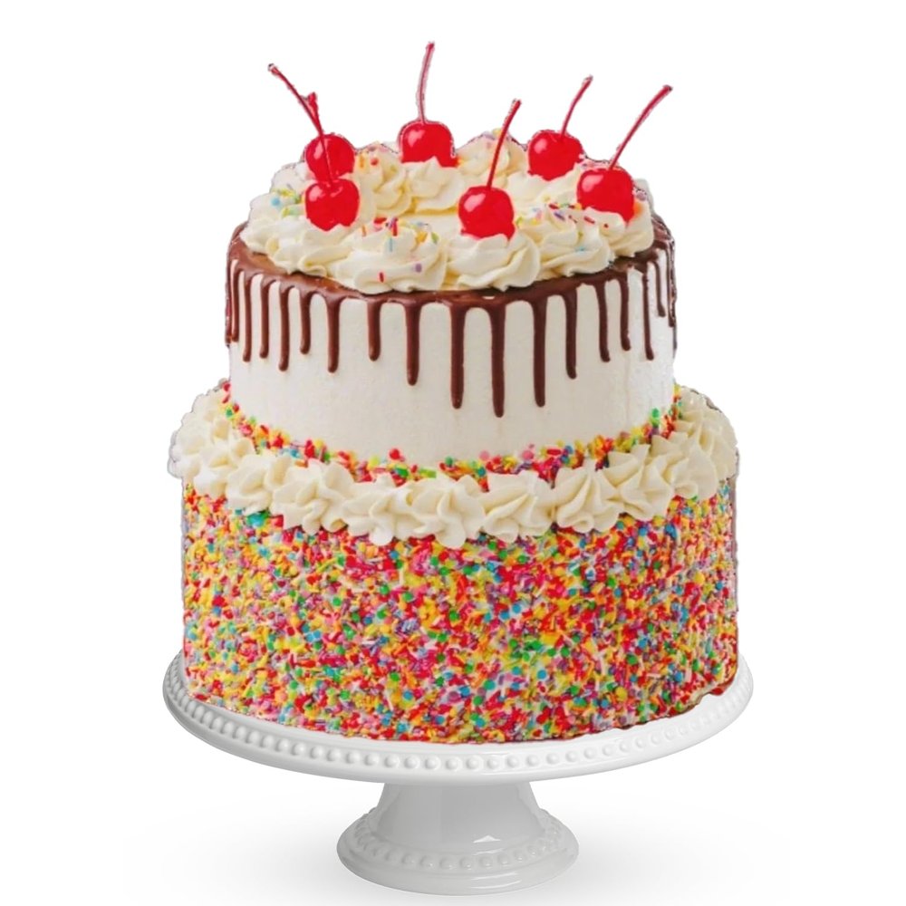 Patisserie Valerie Ice Cream Sundae Birthday Cake 8" 2 Tier  Fresh Cakes For Delivery - Chocolate Ganache Drip, Sprinkles & Cherry  Fresh Cream & Strawberry Compote Filling  Serves 20-24