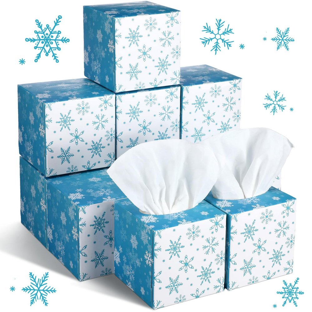 Bencailor 12 Pack Christmas Facial Tissues Cube Boxes Winter Square Tissues Cube Boxes 600 Sheets 3 Ply Small Xmas Tissues Cover for Home Car Accessories(Snowflake)