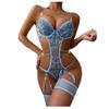 Letuwj Lingerie set women lace embroidery one-piece garters steel ring with leg loops Blue S view 1