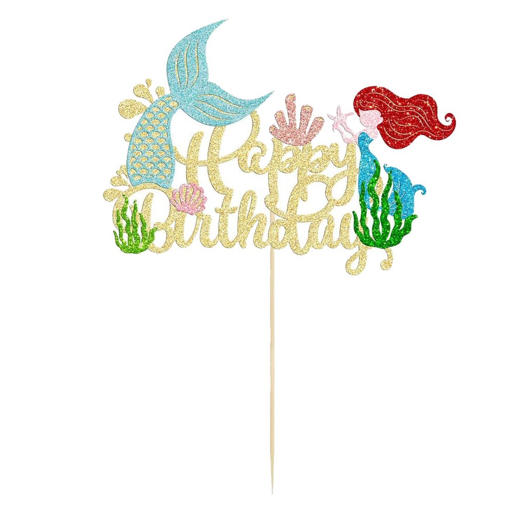 1Pcs Glitter Mermaid Happy Birthday Cake Topper Under the Sea Mermaid Tail Cake Decorations for Birthday Baby Shower Party Supplies (Gold A)