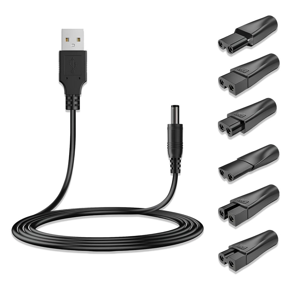 7 Pcs 5V USB One Blade Shaver Charger Cable, Charging Cable Replacement, Shaver Charger Kit, Multi-Compatible Charging Set for Electric Shavers Clippers, Adapter Heads, USB Powered Portable Design